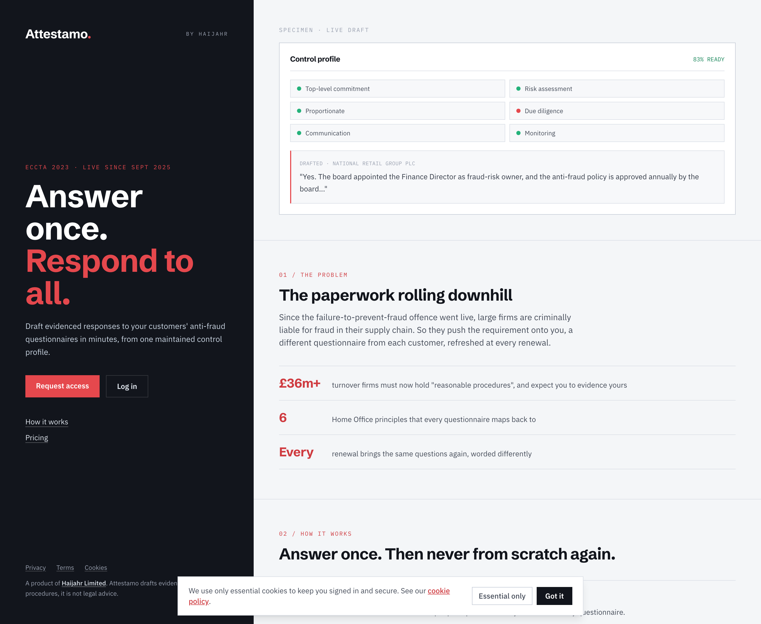 Attestamo anti-fraud questionnaire tool homepage