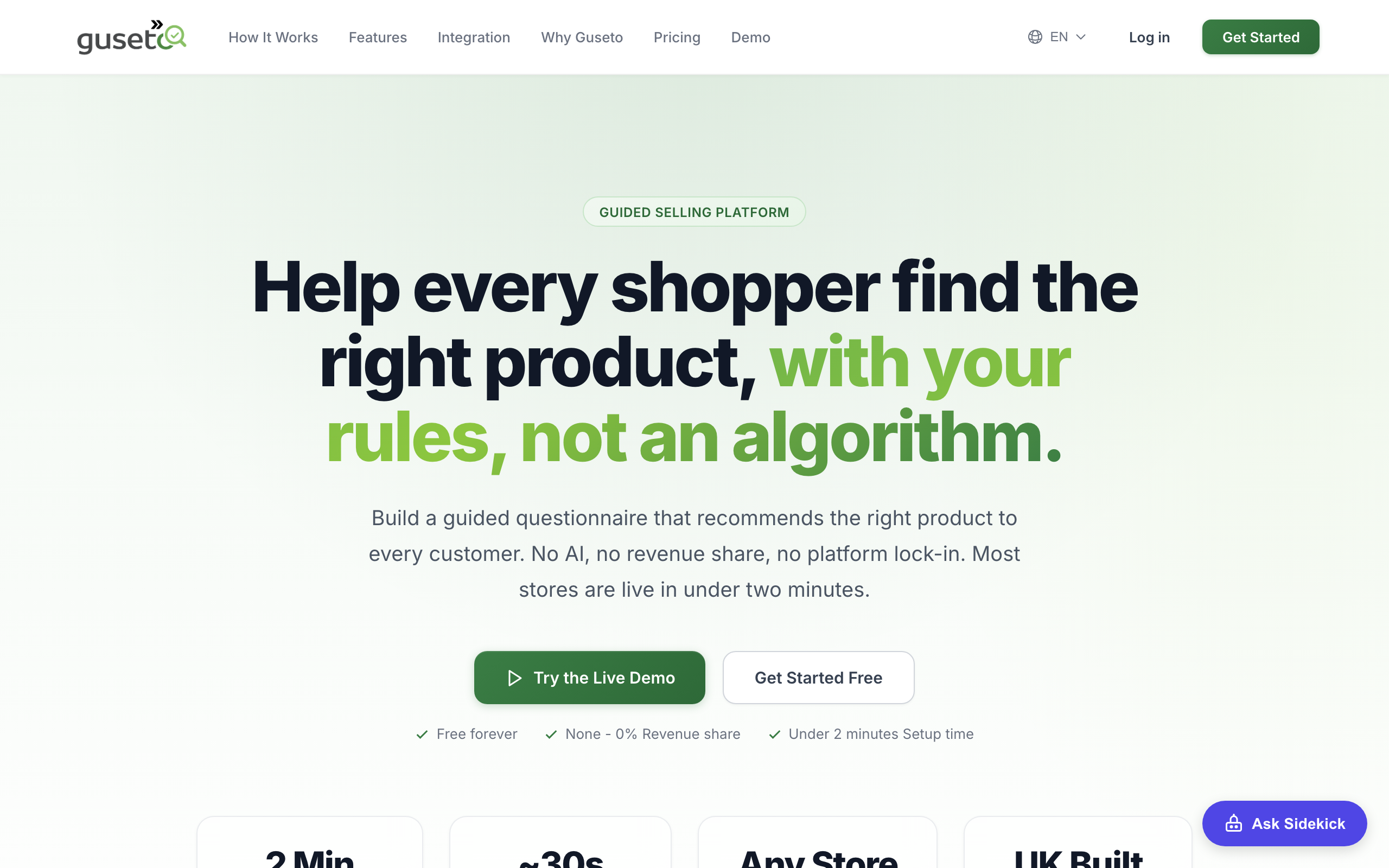 Guseto guided selling platform homepage